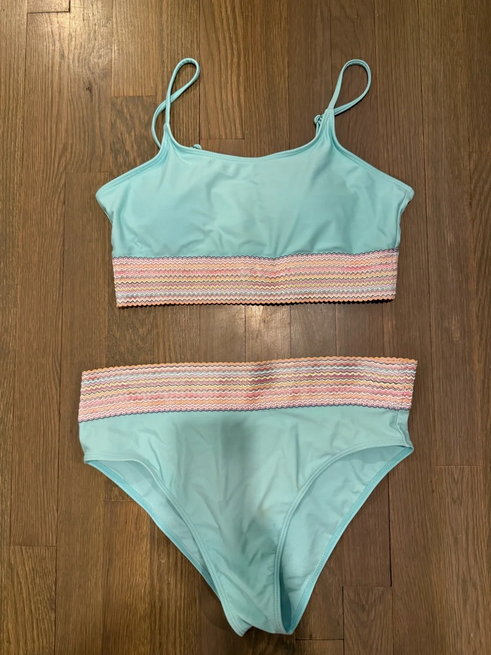 Aqua Blue Two-Piece Bikini Set with Pastel Zigzag Trim size Large